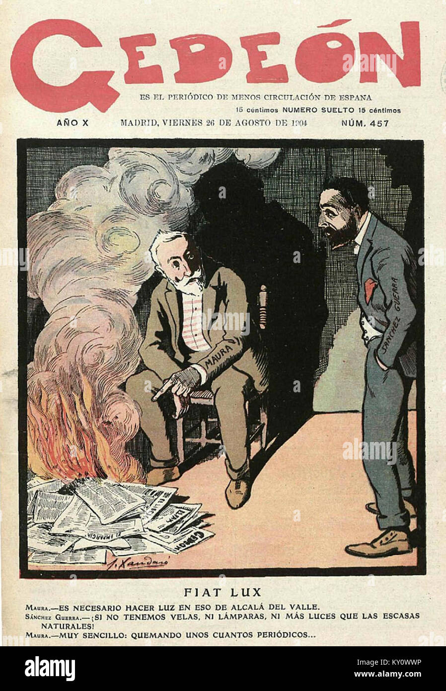 Un'illustrazione satirica intitolata Fiat lux di Joaquín Xaudaró, che riflette la caricatura europea dei primi anni del XX secolo e il commento sociale attraverso l'umorismo e l'arte visiva. Foto Stock