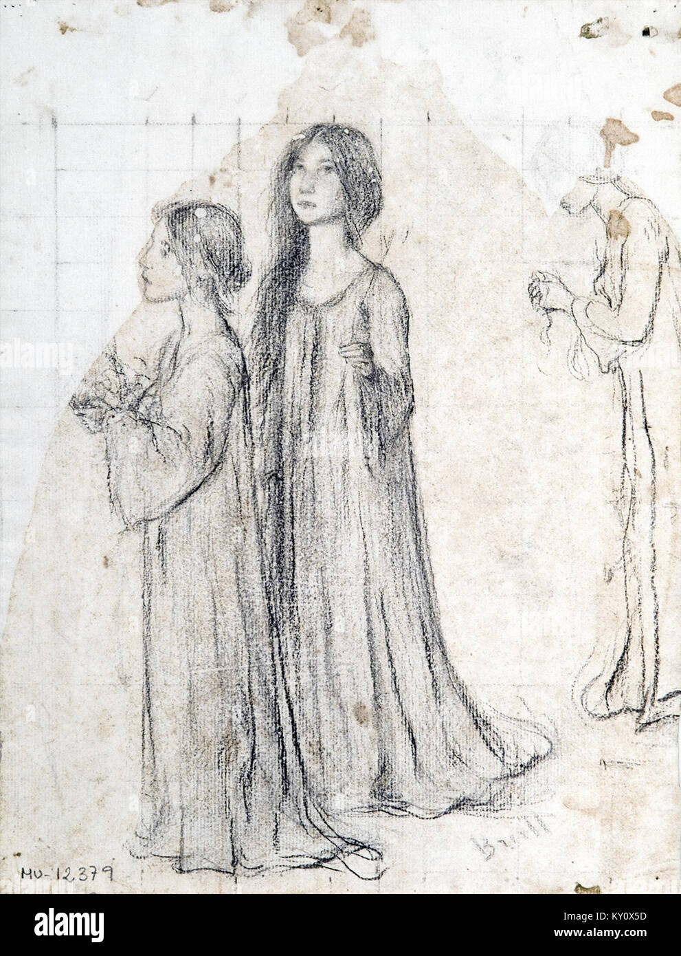 «Esbós per the Holy Women» di Joan Brull i Vinyoles raffigura figure religiose femminili che riflettono lo stile simbolista dell'artista catalano e si concentrano su temi sacri nell'arte della fine del XIX secolo. Foto Stock