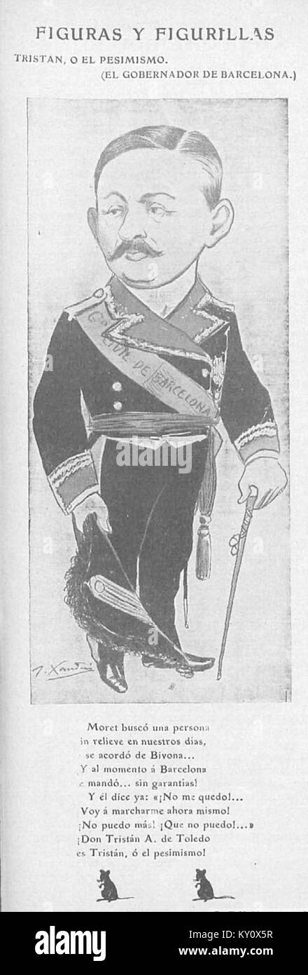 Questa opera di Gedeón Xaudaró del 1906 raffigura figure e piccole statuette, illustrando caricature, illustrazioni e stile artistico dei primi anni del XX secolo in Spagna. Foto Stock