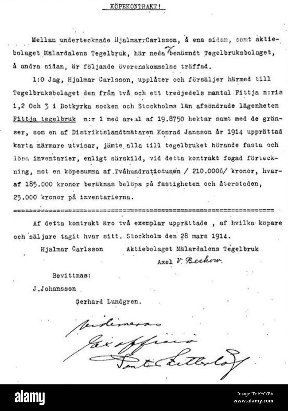 Il contratto Fittja per la lavorazione dei mattoni del 1914 documenta gli accordi industriali e commerciali relativi alla produzione di mattoni, evidenziando il funzionamento dell'industria manifatturiera svedese all'inizio del XX secolo. Foto Stock