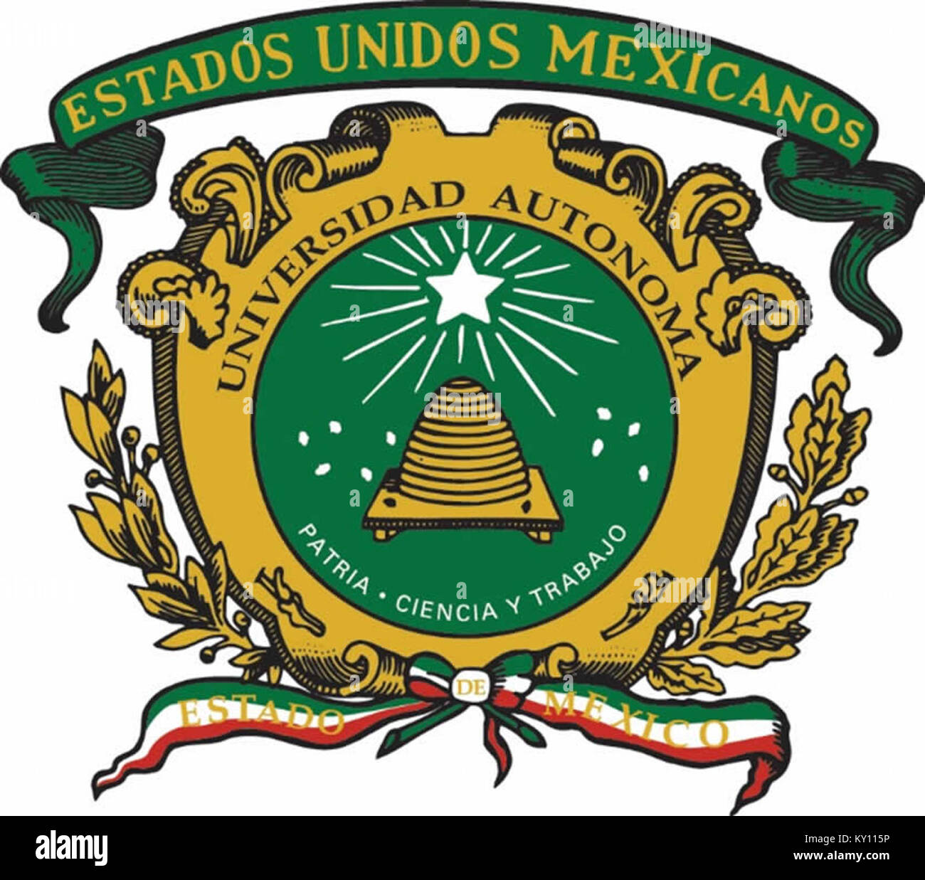 Lo stemma della Universidad Autónoma del Estado de México presenta un cerchio verde contenente una stella a cinque punte sopra un alveare con api, fiancheggiato da rami di quercia e ulivo, e sormontato dalla scritta “Estados Unidos Mexicanos” Foto Stock