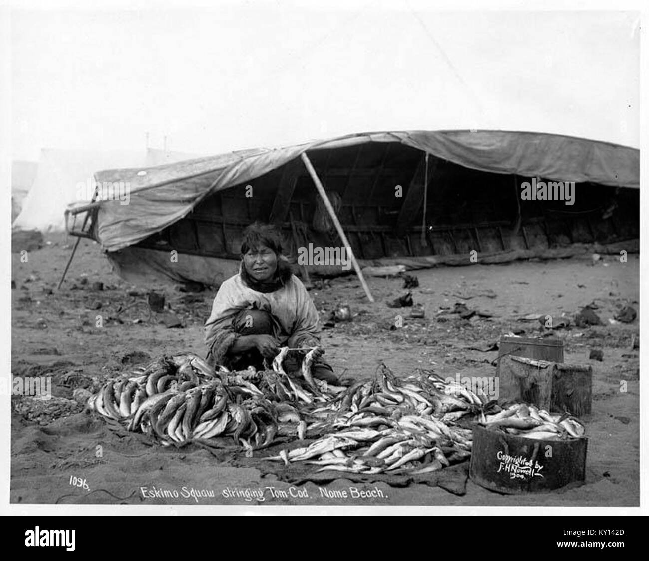 Eschimese donna stringing cod con umiak in background, Nome, 1904 (NOWELL 16) Foto Stock