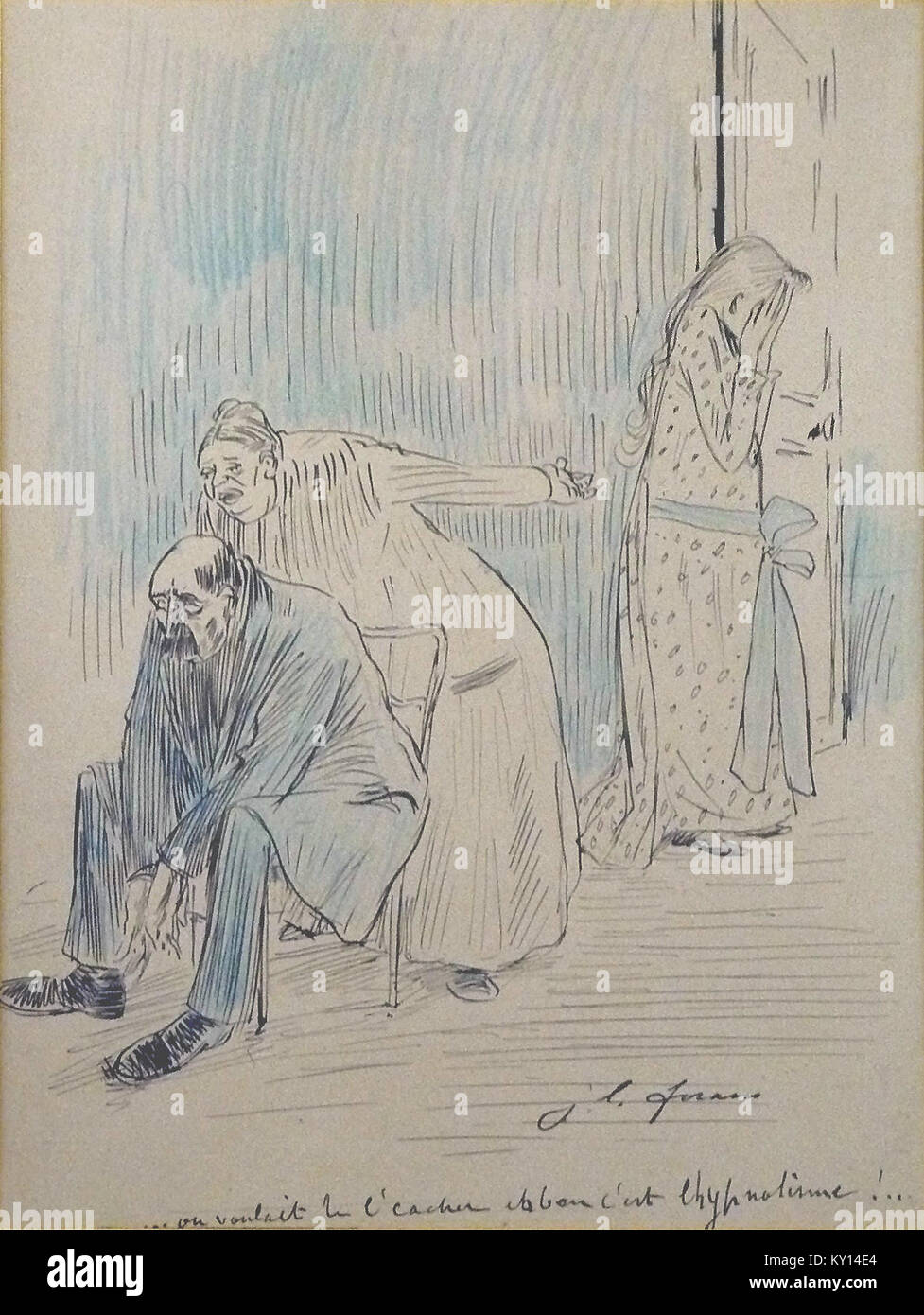 Un'opera d'arte di Jean-Louis Forain creata con inchiostro e matita blu, raffigurante umorialmente una scena di ipnotismo. Esemplifica il suo stile di caricatura e il suo commento sociale nell'arte francese dell'inizio del XX secolo. Foto Stock