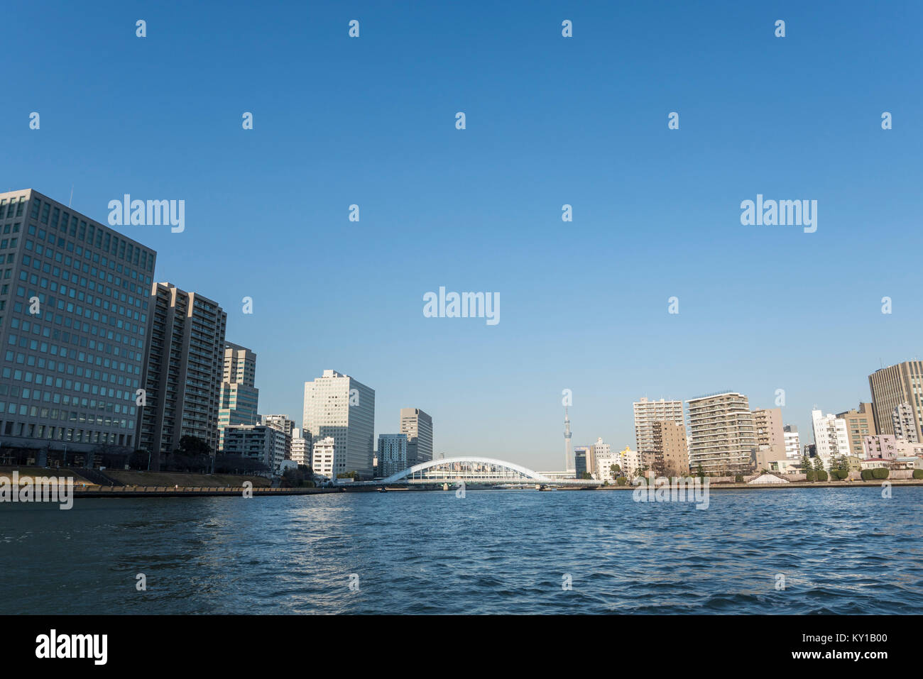 Tokyo crociera fluviale, Eitaibashi Bridge e Tokyo Skytree, Sumida River, Chuo-Ku, Tokyo, Giappone Foto Stock