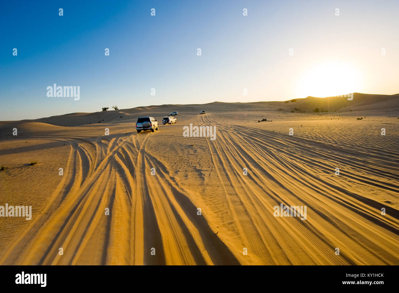 La trazione a quattro ruote motrici attraverso il deserto negli Emirati Arabi Uniti. Foto Stock