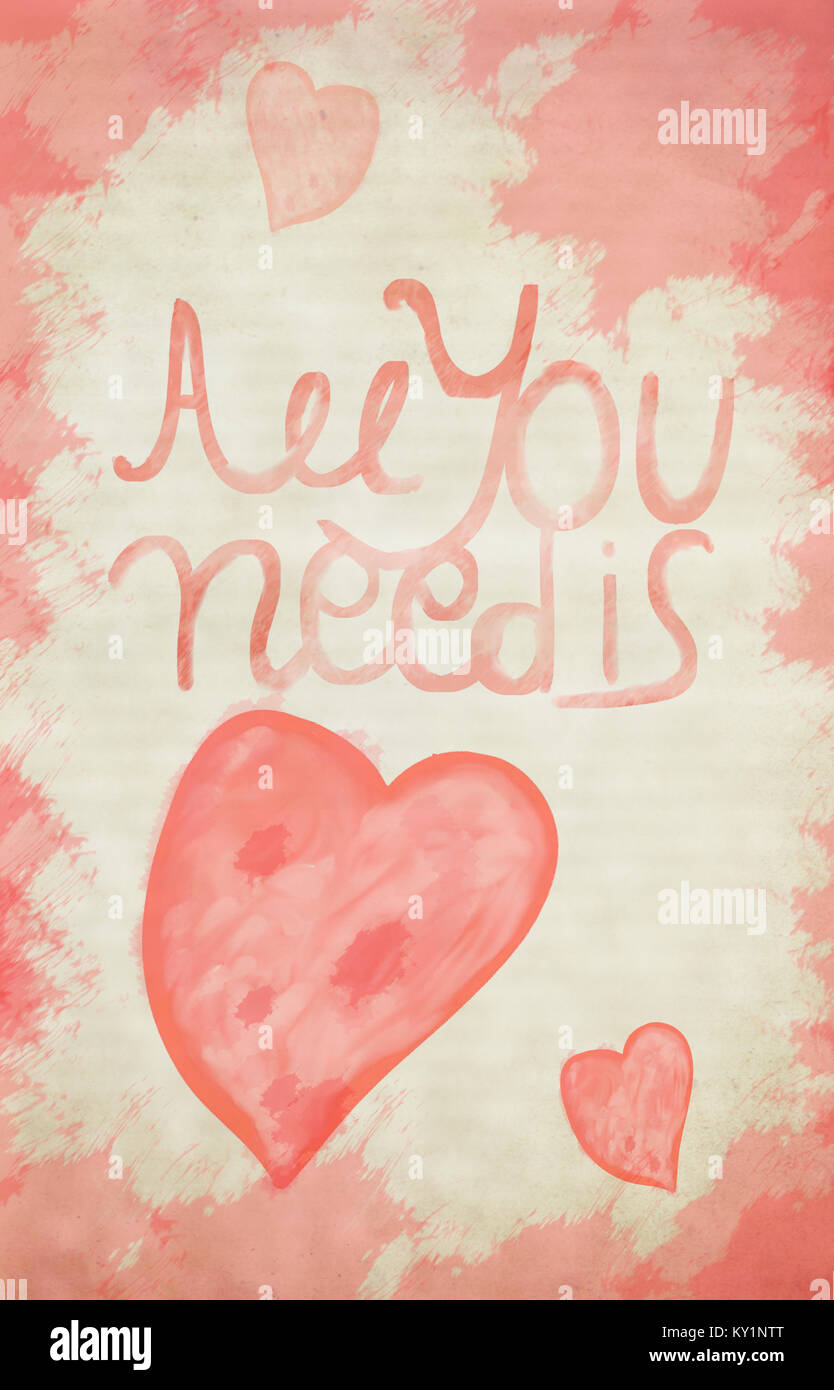 Vintage 'tutto ciò di cui hai bisogno è l'amore" scritto a mano colorfull sfondo tipografia Foto Stock