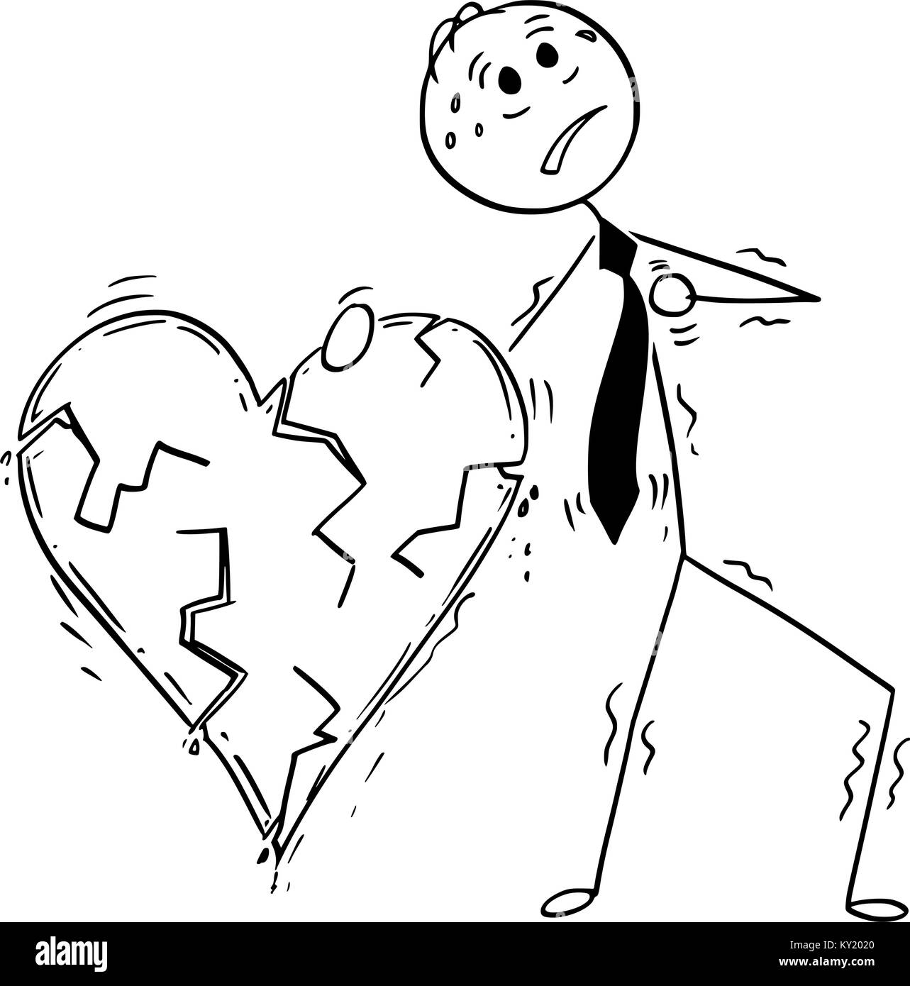 Cartoon stick uomo disegno illustrazione concettuale di imprenditore azienda grande cuore rotto e ansante attacco di cuore. Il concetto di business di stress, postare Illustrazione Vettoriale