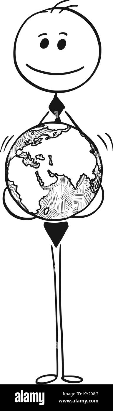 Cartoon stick uomo disegno illustrazione concettuale di imprenditore con terra Globo mondo nelle sue mani. Il concetto di business delle aziende globali. Illustrazione Vettoriale