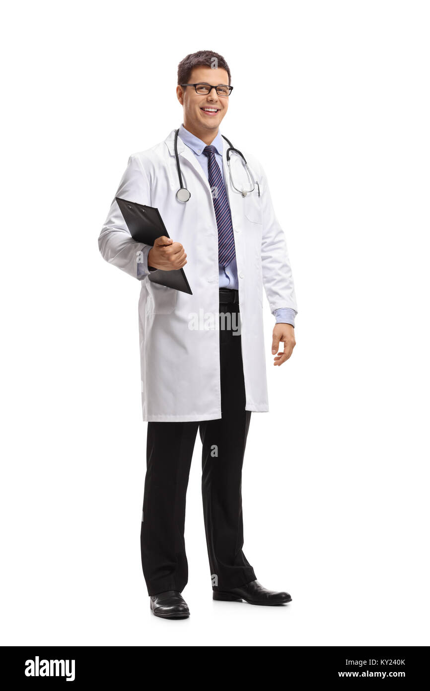 A piena lunghezza Ritratto di un medico con un fermaglio isolato su sfondo bianco Foto Stock