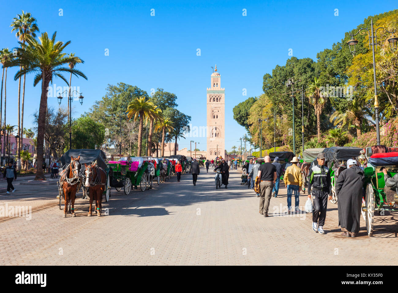 MARRAKECH, Marocco - 22 febbraio 2016: il calesse e Moschea outoubia a piazza Jemaa el Fna e la piazza del mercato della medina di Marrakesh trimestre. Foto Stock