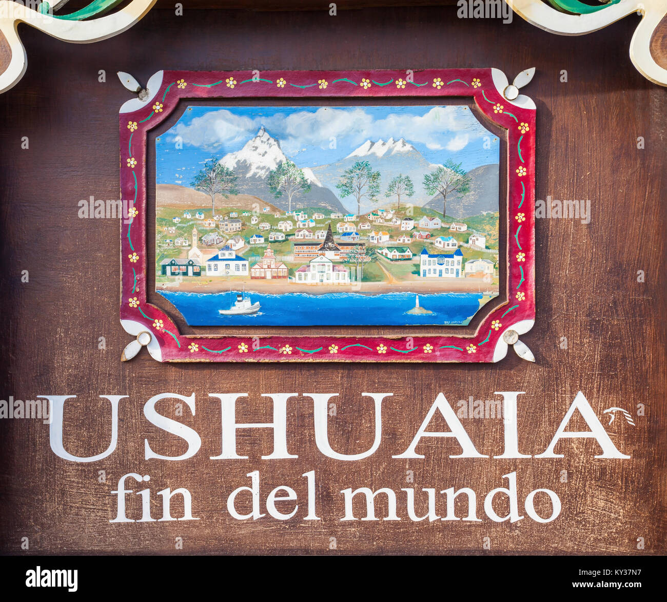 USHUAIA, Argentina - 15 Aprile 2016: Ushuaia fin del mundo (fine del mondo) segno. Ushuaia è la capitale di Tierra del Fuego provincia in Argentina. Foto Stock