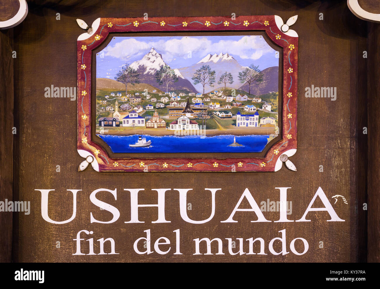 USHUAIA, Argentina - 15 Aprile 2016: Ushuaia fin del mundo (fine del mondo) segno. Ushuaia è la capitale di Tierra del Fuego provincia in Argentina. Foto Stock