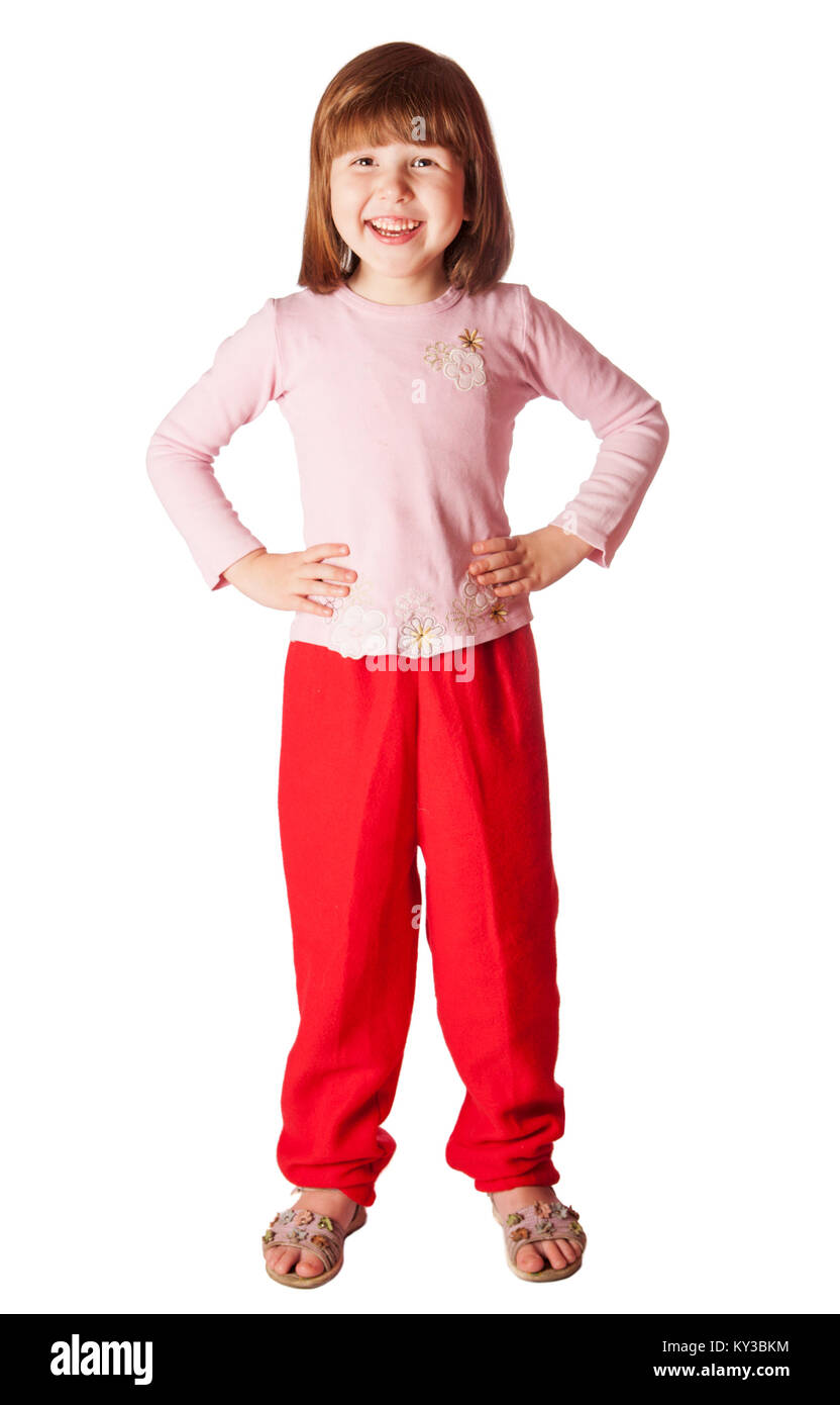 Bambina indossa un maglione rosa e pantaloni rossi isolato permanente Foto  stock - Alamy