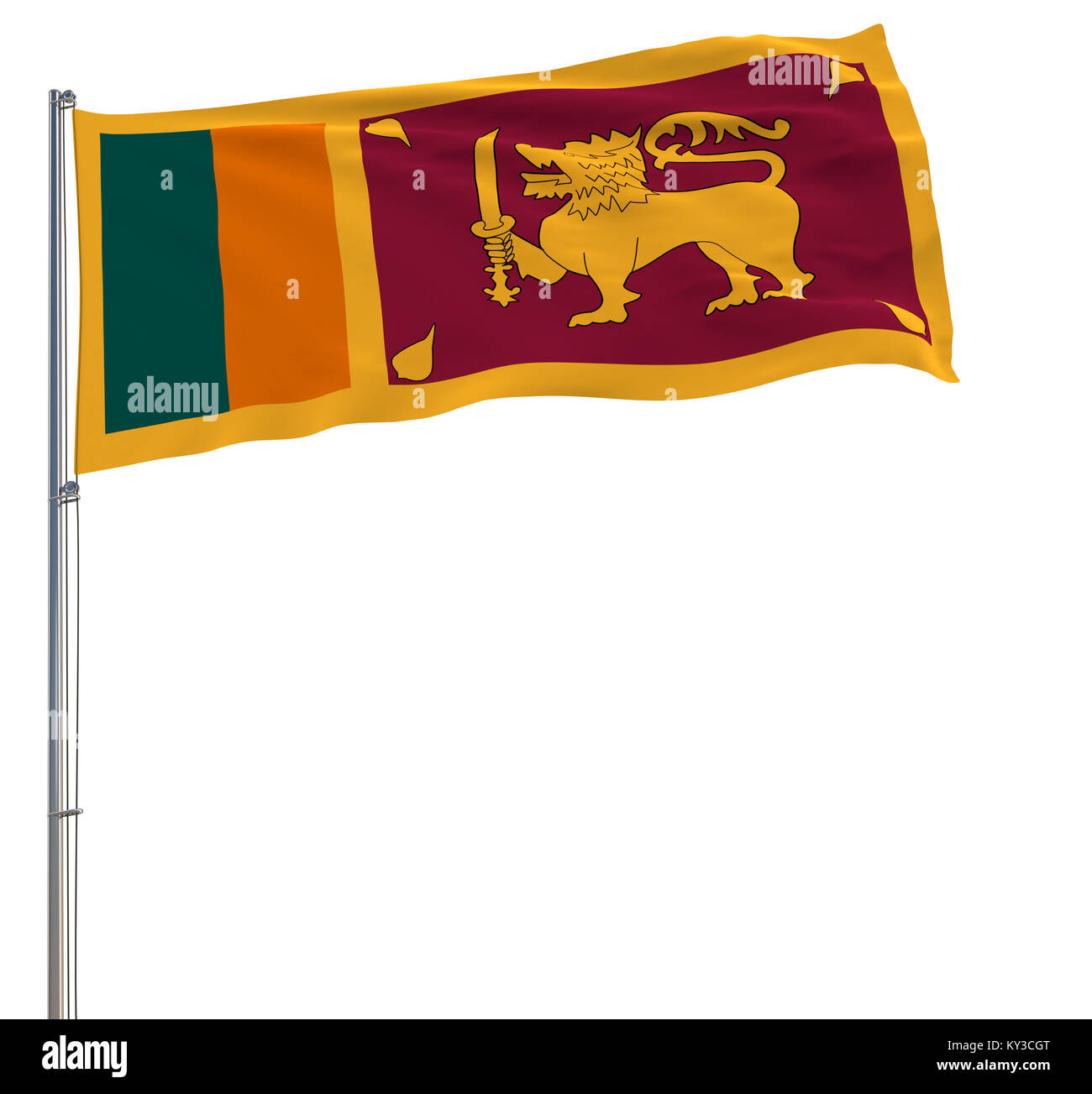 Isolare la bandiera dello Sri Lanka su un pennone che fluttua nel vento su uno sfondo bianco, rendering 3D Foto Stock