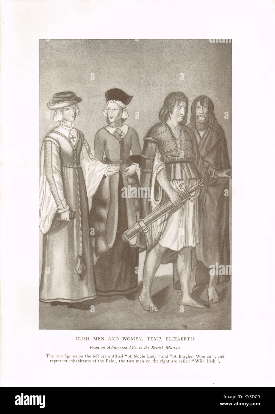 Un nobile signora, una donna burgher e Wild Irlandesi, uomini al di là del pallido al tempo di Elisabetta I Foto Stock