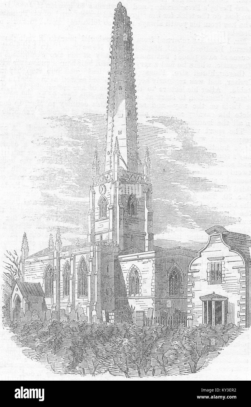 LINCS Caythorpe Chiesa, Grantham, colpito da un fulmine 1859. Illustrated London News Foto Stock