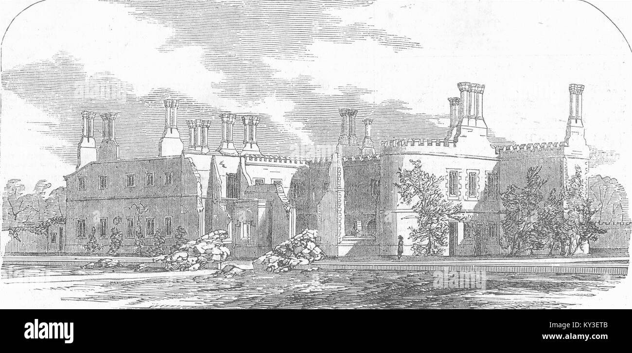 NORFOLK Hunstanton Hall, Norfolk, dopo l'incendio del 1853. Illustrated London News Foto Stock