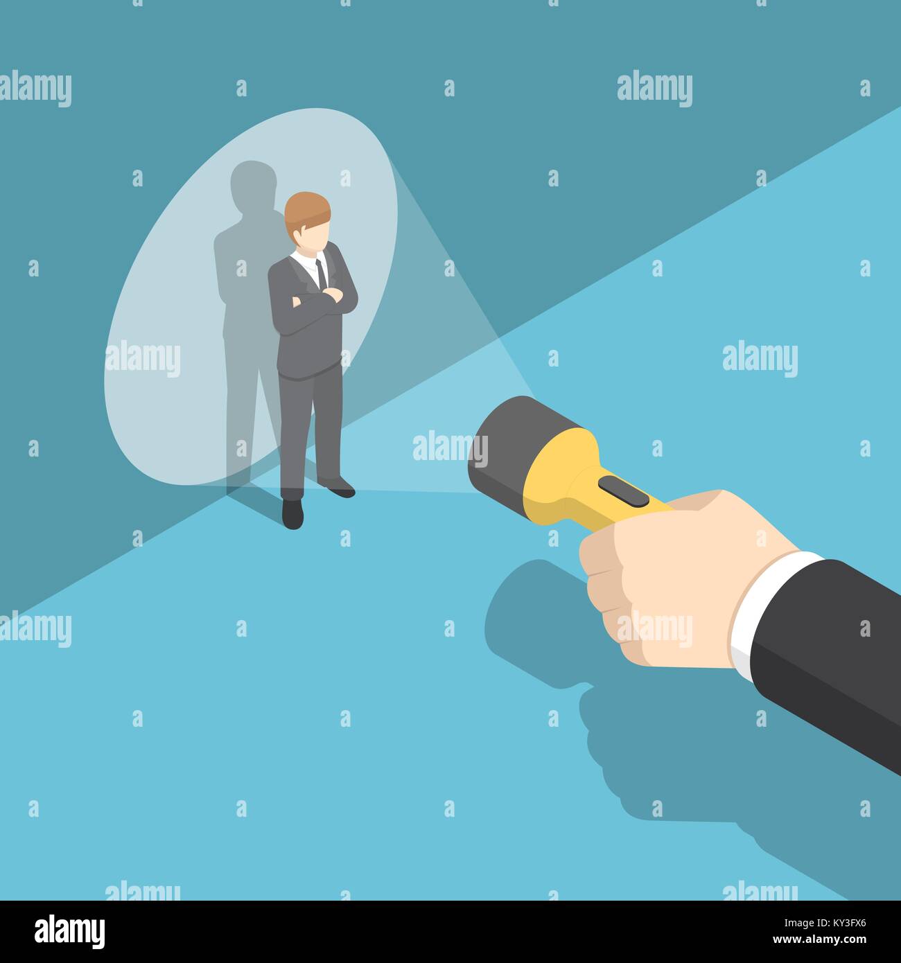 Appartamento 3D isometrica a mano torcia di puntamento al proprietario. Le risorse umane e il concetto di assunzione. Illustrazione Vettoriale