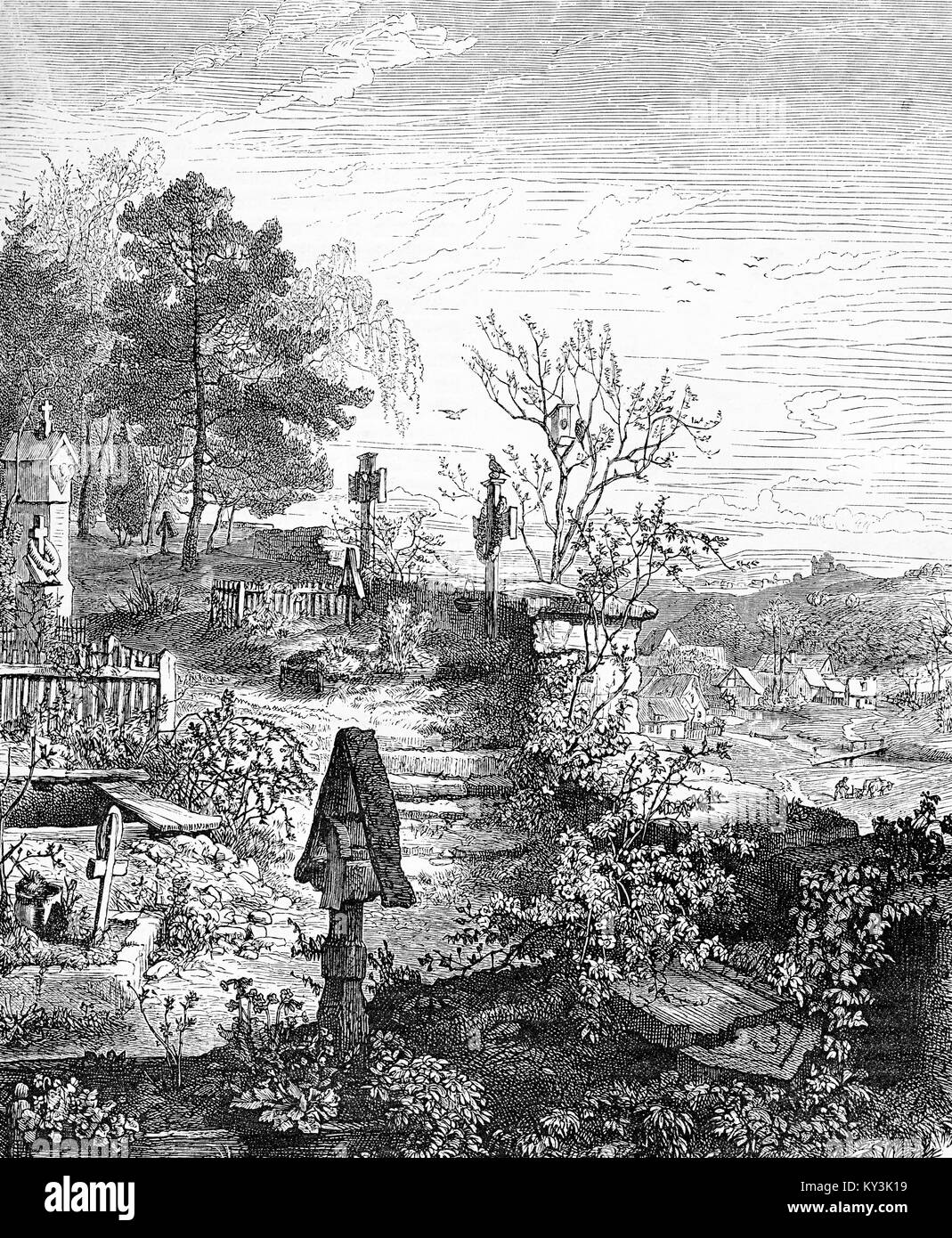 Cimitero rurale in primavera, illustrazione vintage Foto Stock