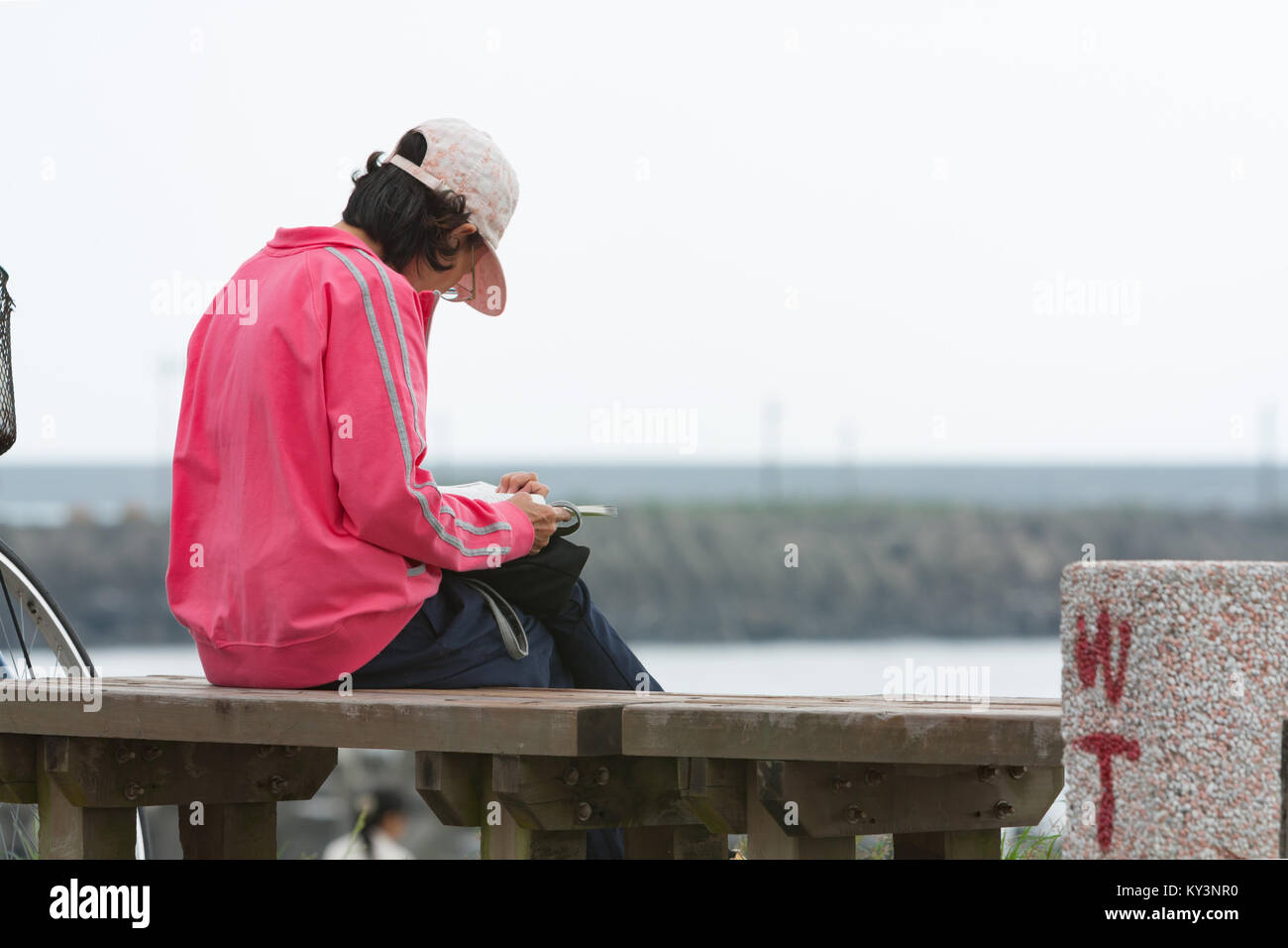 Adulto di sesso femminile con kepi siede sulla panca di legno e legge un libro al park lungo la riva del mare, Hualien City, Hualien County, Taiwan Foto Stock