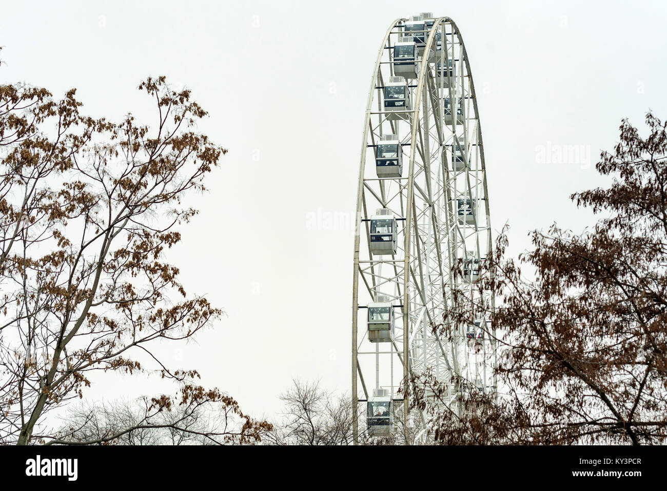 Parte del moderno e bianco ruota panoramica Ferris e il cielo grigio Foto Stock