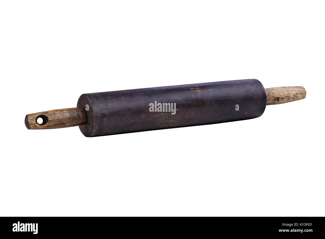 Antico legno di acero mattarello isolate su uno sfondo bianco. Percorso di clipping incluso. Foto Stock