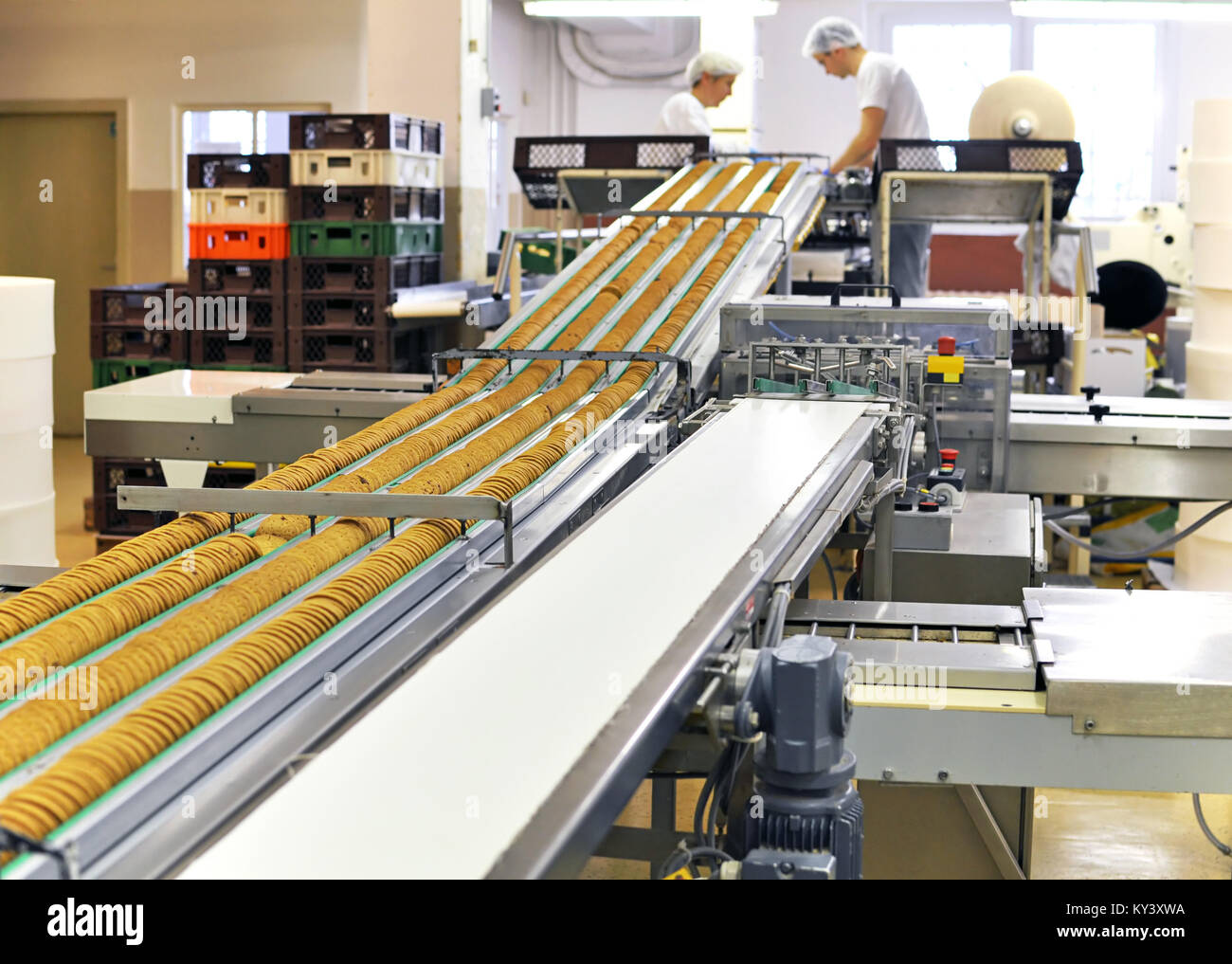Nastro trasportatore con biscotti in una fabbrica di alimenti - Apparecchiature per macchinari Foto Stock