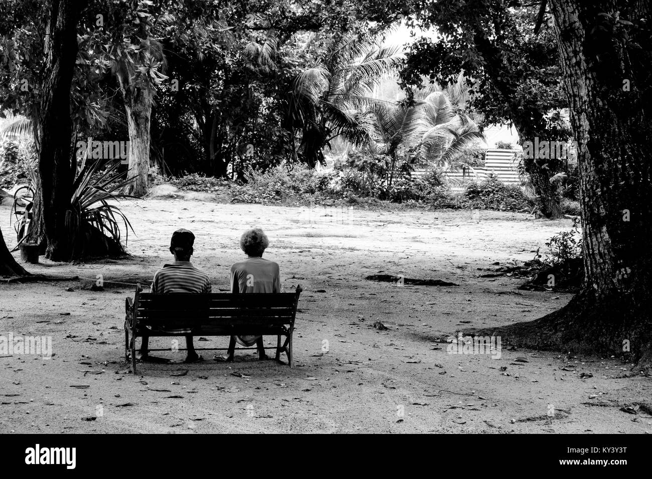 Età giovane seduta su una panchina, anziani duo in un paesaggio tropicale Foto Stock