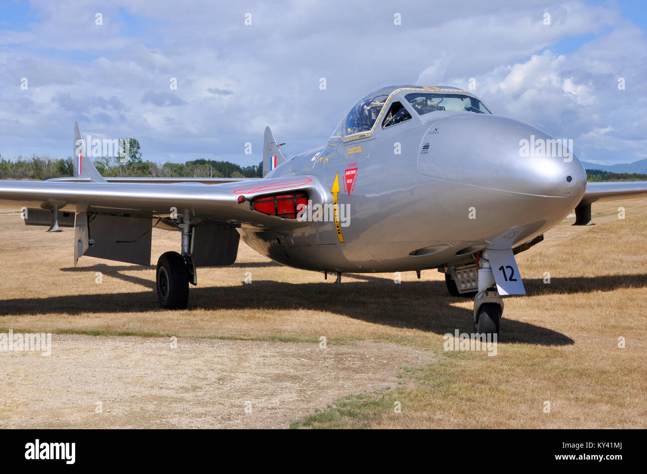 De Havilland Vampire al Wings Over Wairarapa Airshow, Hood Aerodrome, Masterton, nuova Zelanda. Parcheggiata sull'erba Foto Stock