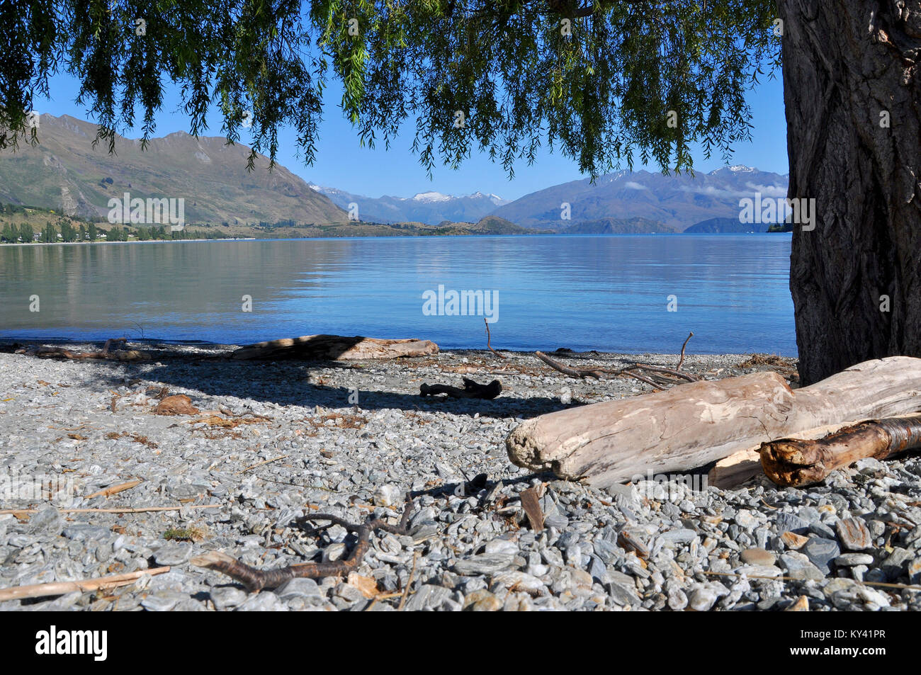 Lago Wanaka sull'Isola Sud della nuova Zelanda in una giornata di sole. Montagne incorniciate da alberi e acqua pulita nella regione di Otago. Cielo blu Foto Stock