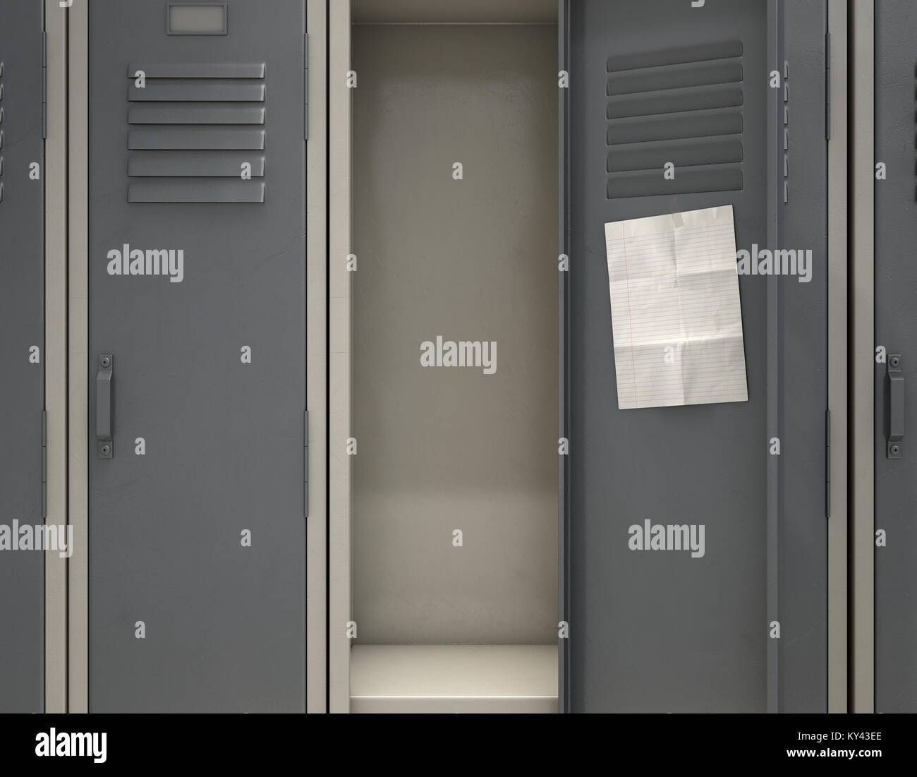 Una fila di metallo gli armadietti di scuola con una porta aperta e una pagina vuota nota allegata all'interno - 3D render Foto Stock