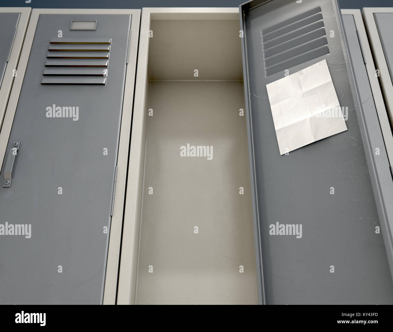 Una fila di metallo gli armadietti di scuola con una porta aperta e una pagina vuota nota allegata all'interno - 3D render Foto Stock