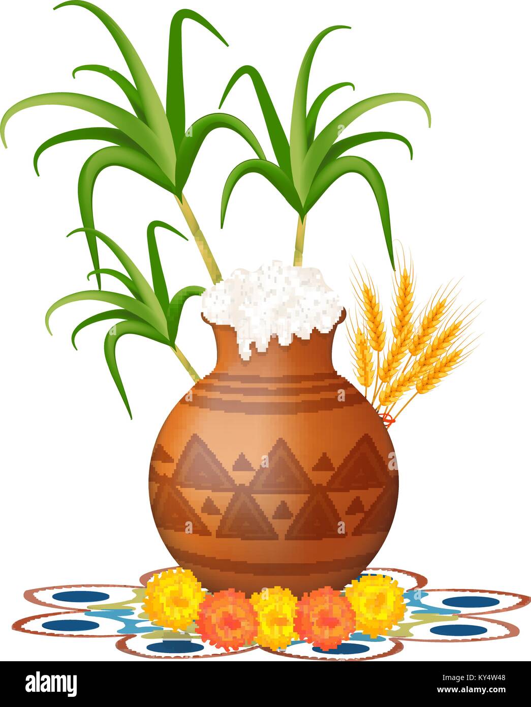 Felice pongal bigliettino. Vacanza in India. Festa della Vendemmia celebrazioni con il riso nella tradizionale pentola di fango, la canna da zucchero, calendula o genda o fiore zendu sulla colorata rangoli. Illustrazione Vettoriale. Illustrazione Vettoriale