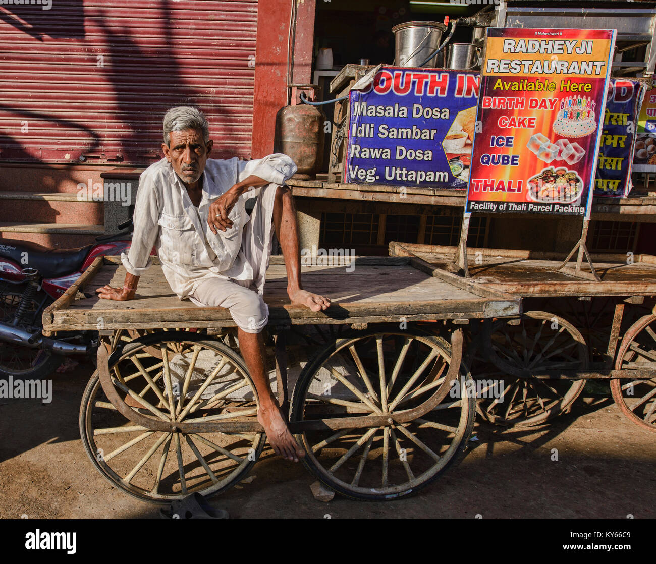 Indian uomo seduto su un carrello, Pushkar, Rajasthan, India Foto Stock