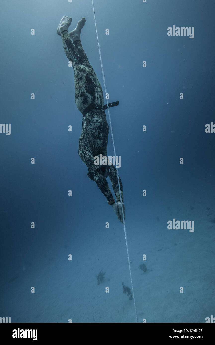 SAN ANDRES ISLAND, Colombia   circa nel marzo 2017. Freediver Diving e seguendo la linea di vita a tutti i tempi nel profondo blu di San Andres Island, Colomb Foto Stock
