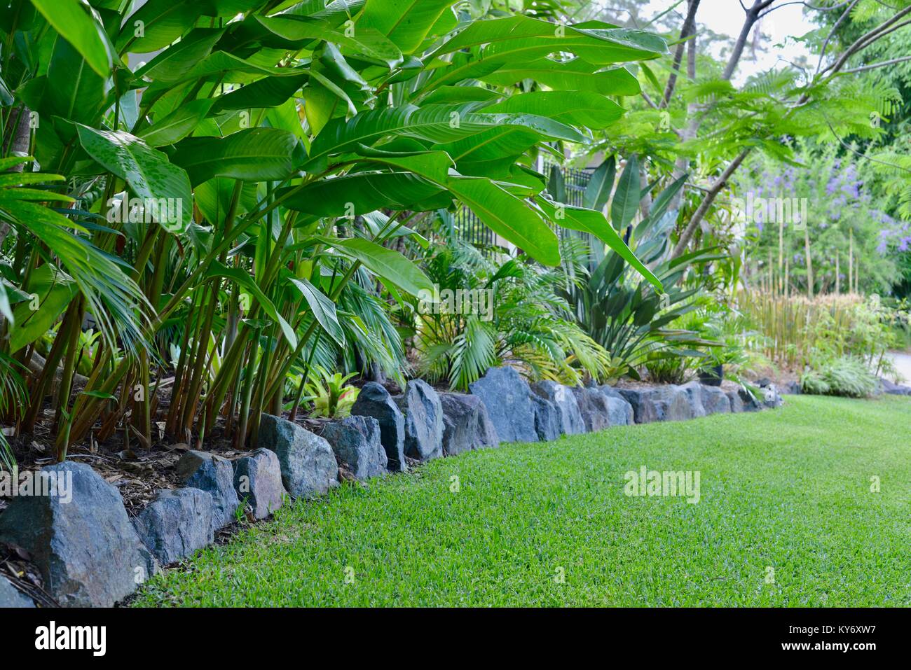 Grande pietra la frontiera che separa il prato da un letto giardino, Sunshine Coast, Queensland, Australia Foto Stock