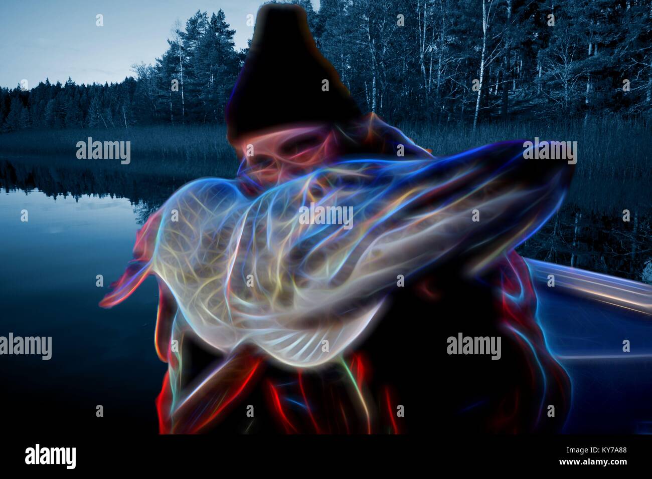 Sport maschile pescatore con una grande dimensione di cattura del luccio Foto Stock