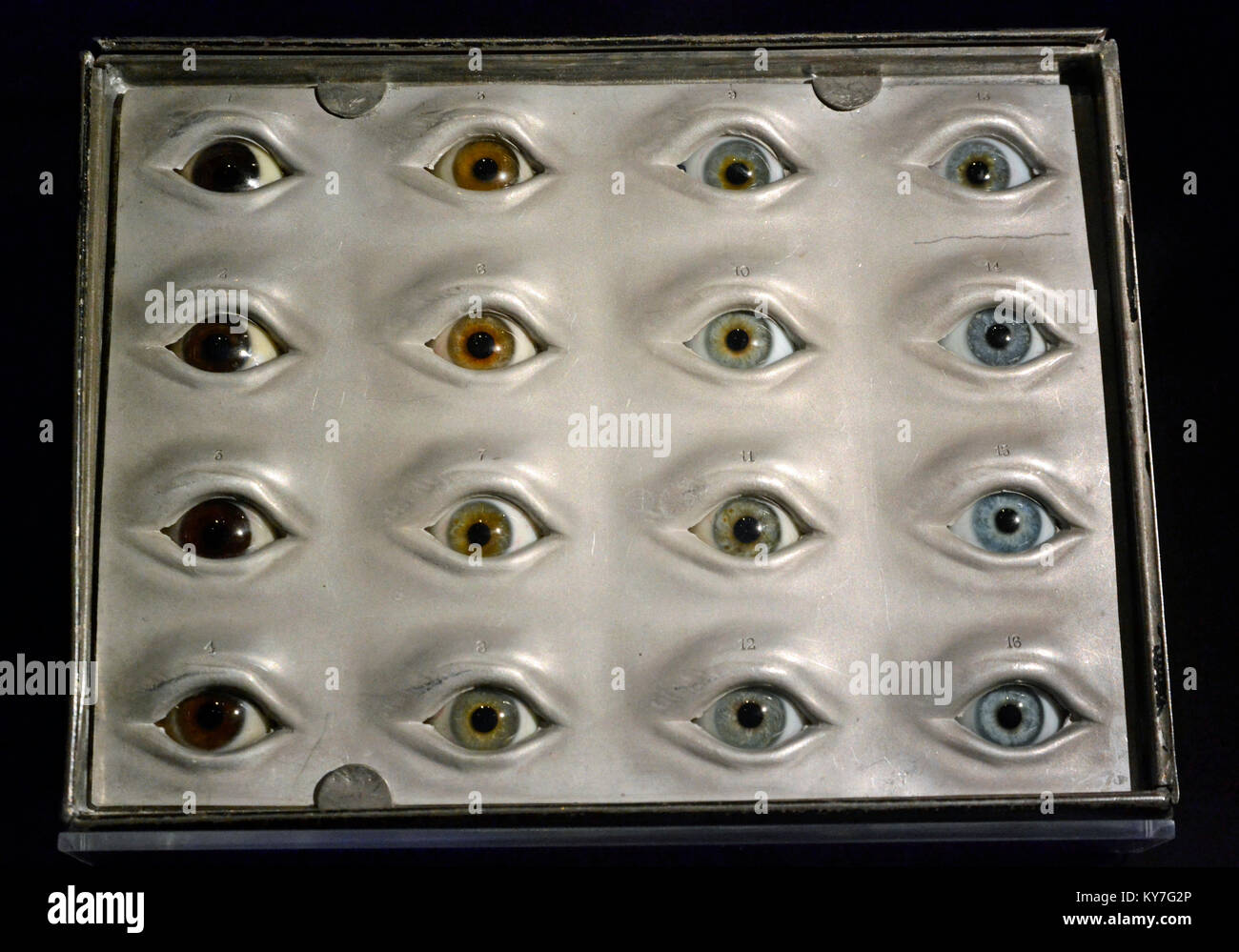 Collezione di occhi di vetro al Museo della Scienza, Londra, Regno Unito Foto Stock