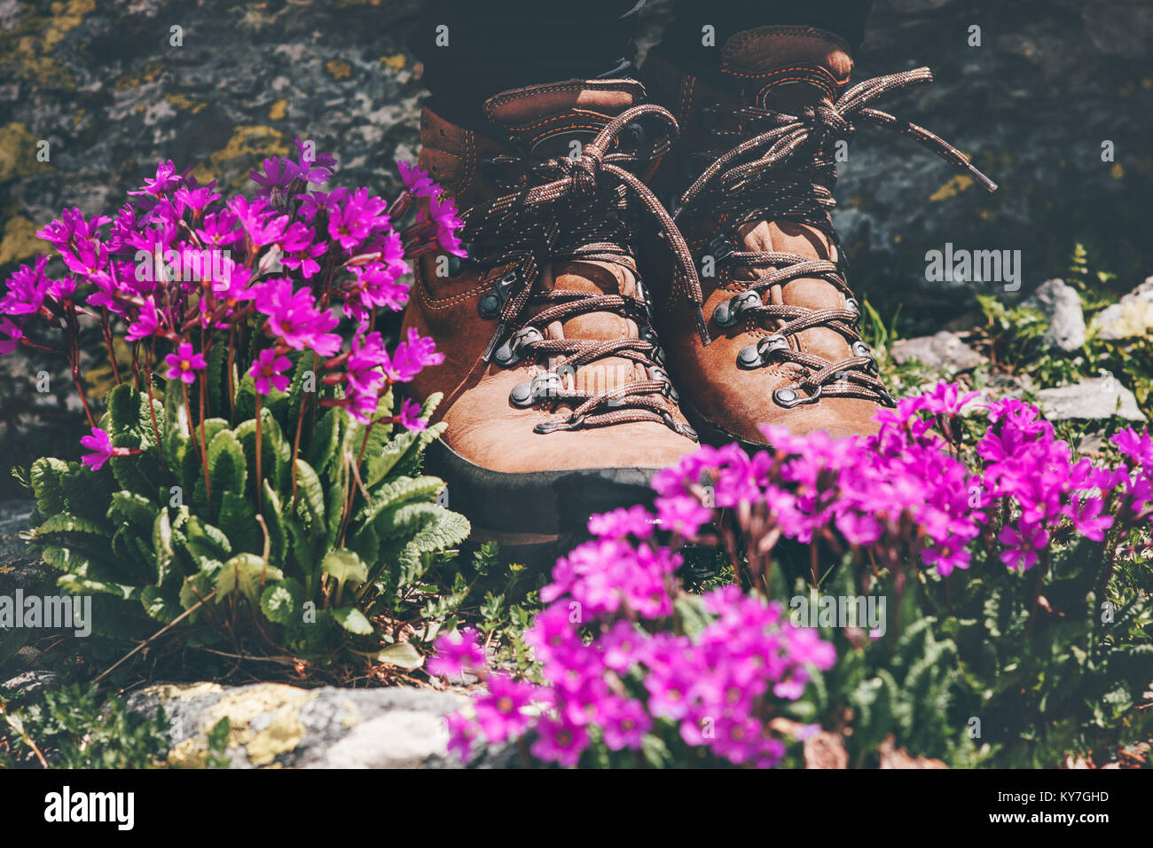 Piedi scarpe da trekking a fiori di colore rosa valle Lifestyle Viaggi Avventura estate vacanze outdoor concept Foto Stock