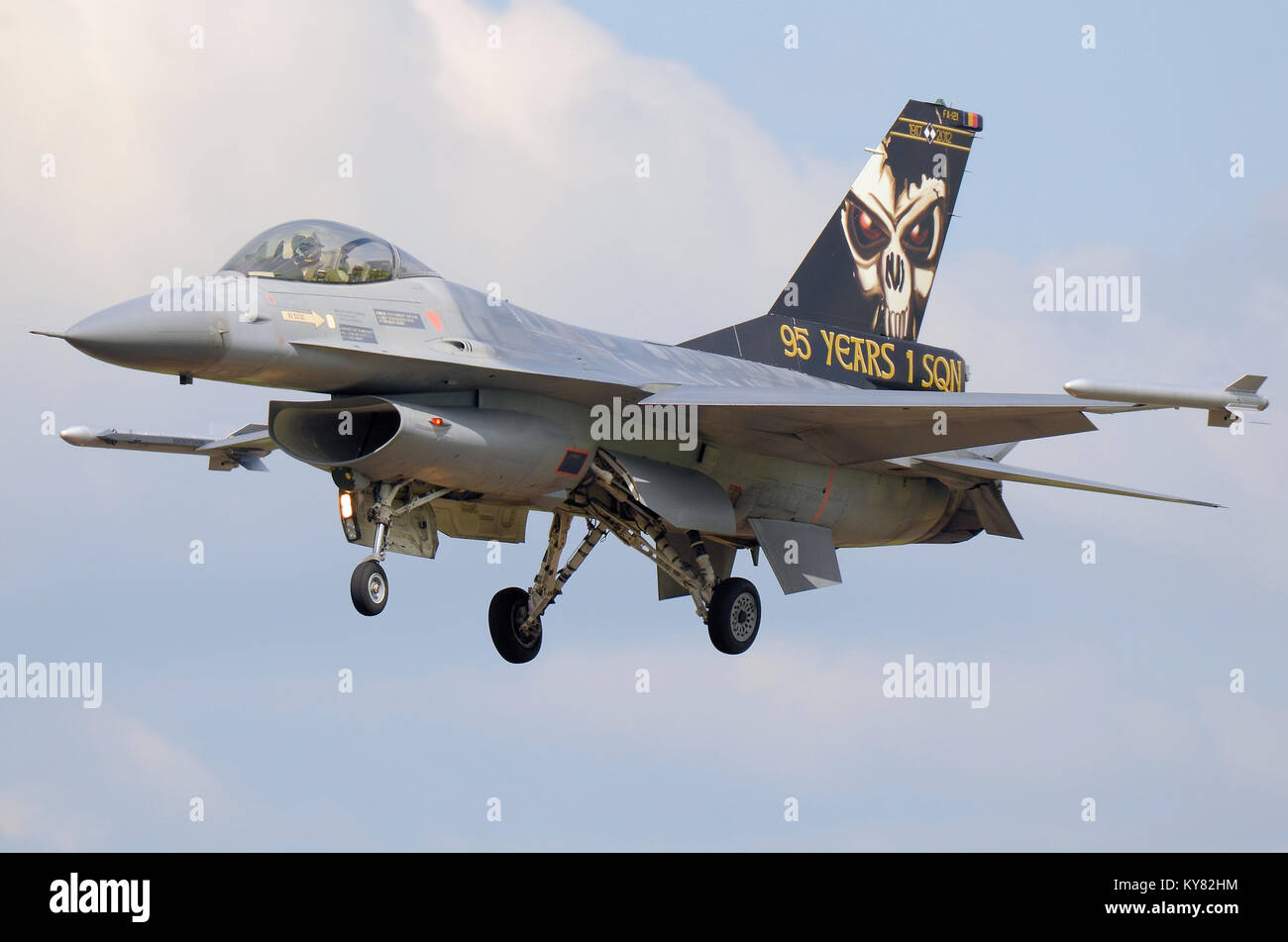 General Dynamics F-16 Fighting Falcon di 1 squadrone belga componente aria Air Force. Speciale schema di coda il cranio. Sbarco Foto Stock