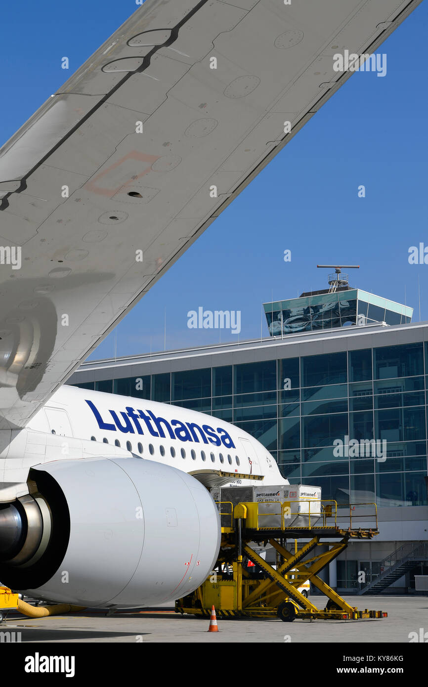 Lufthansa, Airbus A350-900, aeromobili, aereo, piano, compagnie aeree, airways, rotolo in, out di prendere, avviare Push, rampa, Aeroporto di Monaco di Baviera, Foto Stock
