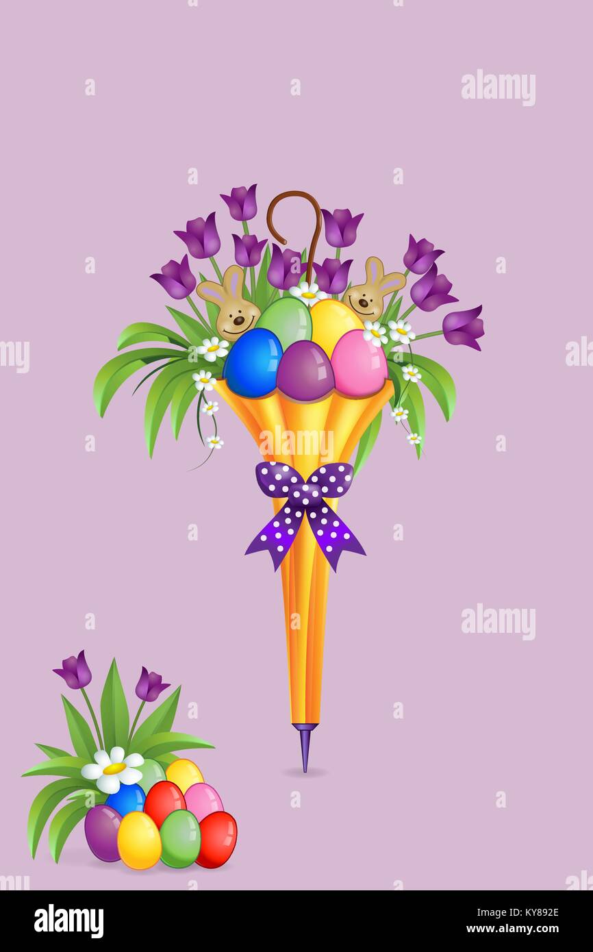 Decorazione di pasqua a ombrello chiuso con fiori Uova e coniglietti come vaso - si distingue in verticale Illustrazione Vettoriale