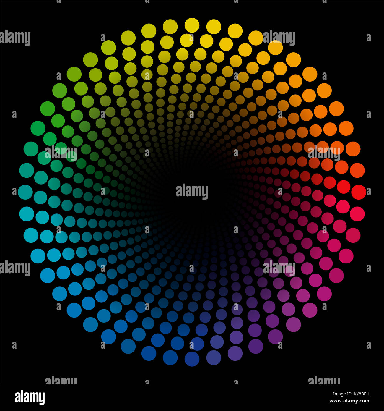 Spirale colorata punti tubo modello - arcobaleno colorato ritorto geometrico illustrazione circolare con centro nero che sembra espandere - illusione ottica. Foto Stock