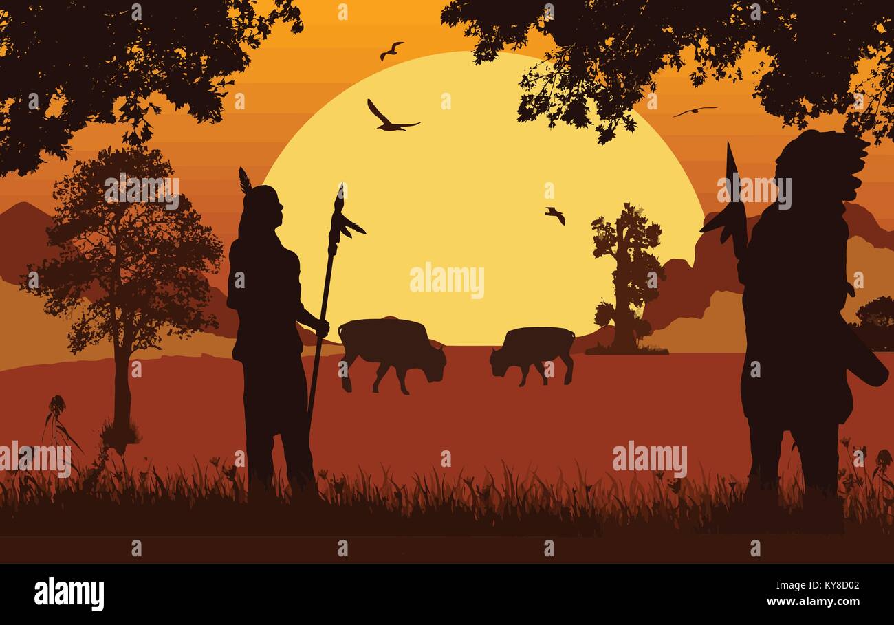 Native American Indian sagome sul bellissimo tramonto arancione, illustrazione vettoriale Illustrazione Vettoriale