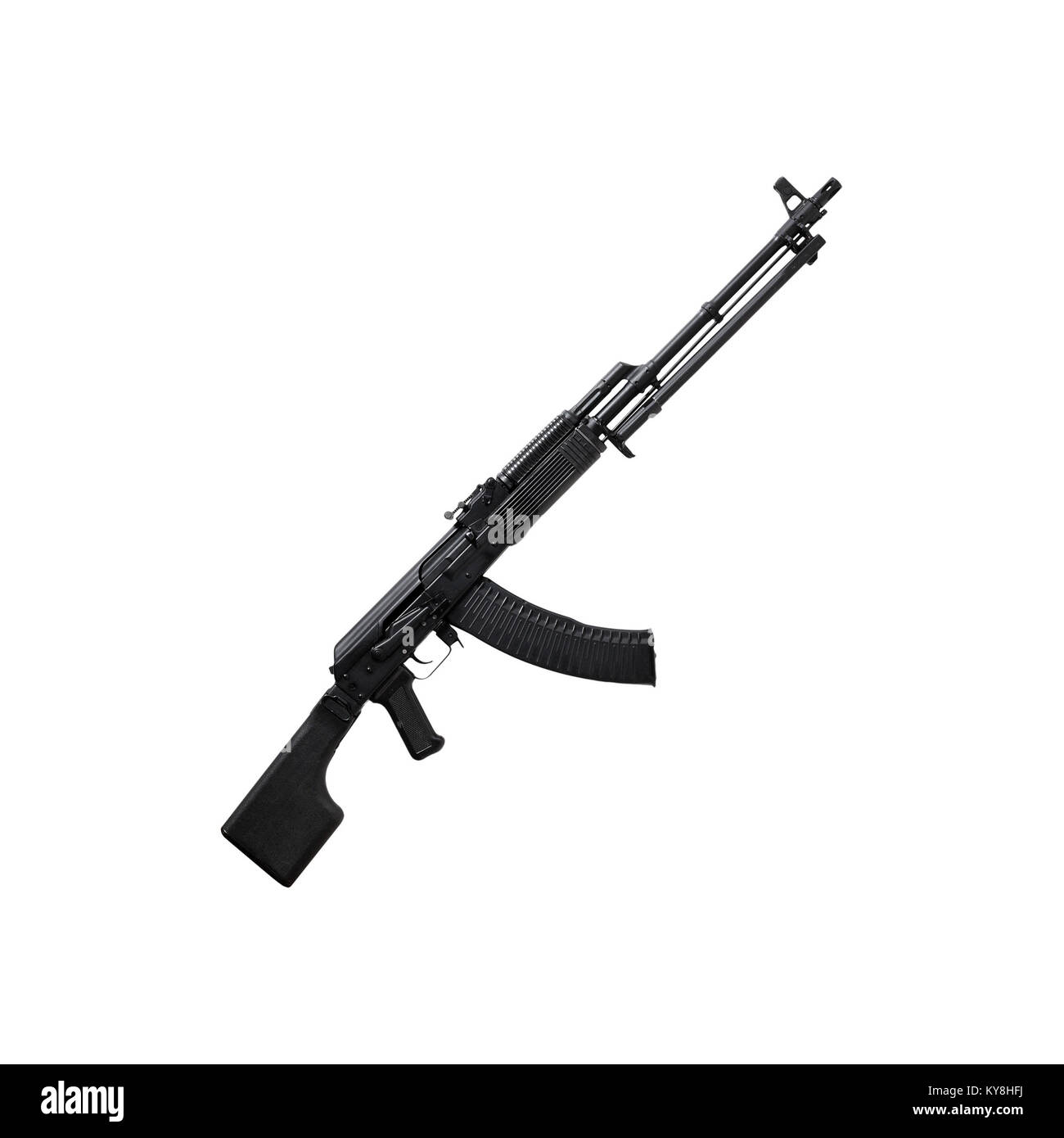 Arma - Una chiusura nero fucile da assalto su uno sfondo bianco. Foto Stock