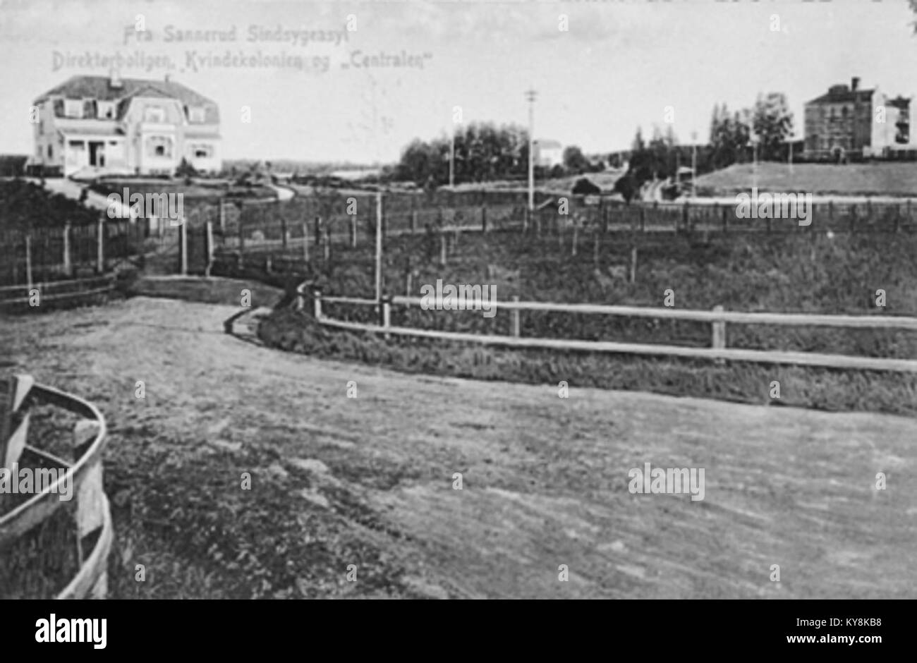 Fotografia della residenza del direttore del manicomio di Sannerud e della colonia femminile in Norvegia, che mostra l'architettura istituzionale e la disposizione delle strutture psichiatriche dell'inizio del XX secolo. Foto Stock