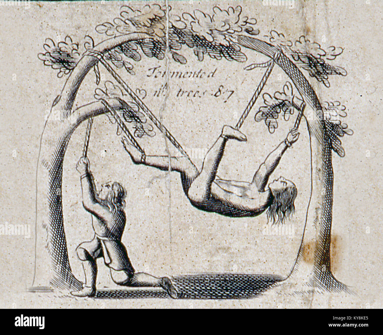 Illustrazione da un 1583 edizione di Foxe il libro dei martiri, mostrando Papists torturare i protestanti, in questo caso dalla dilaniata da alberi. Foto Stock