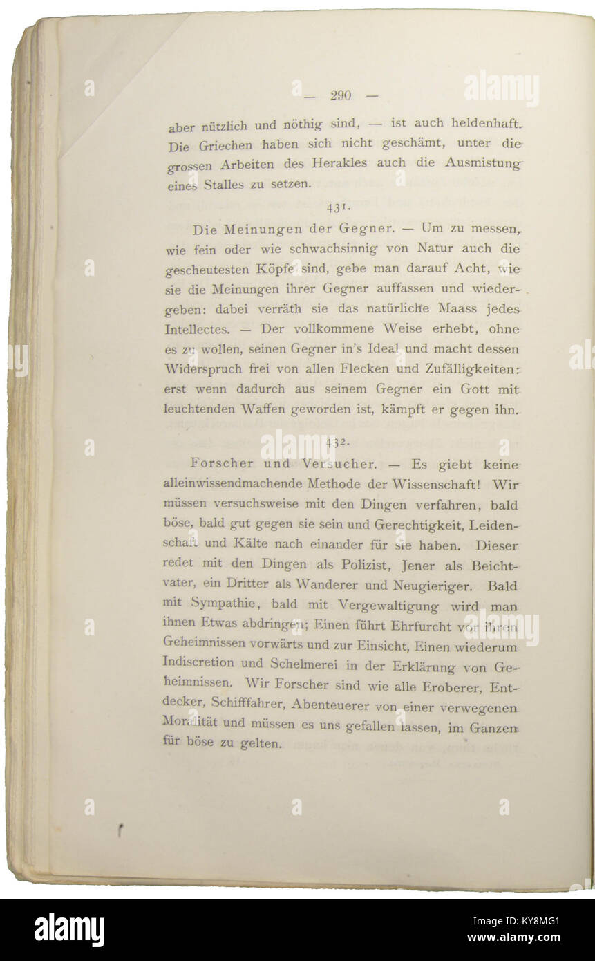 Questa pagina di *Morgenröthe* (l'alba) enfatizza l'esplorazione della verità da parte di Nietzsche, sostenendo il rifiuto dei valori morali convenzionali a favore della prospettiva individuale e dell'autoverità. Foto Stock