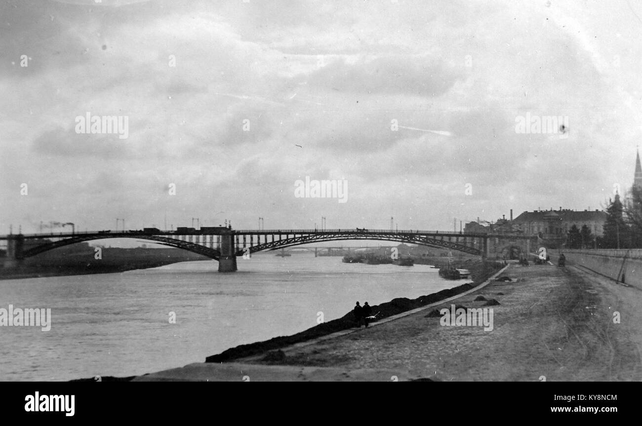 Fotografia del vecchio ponte stradale sulla riva del fiume Tisza, Ungheria, che mostra la struttura del ponte e il paesaggio circostante. Foto Stock