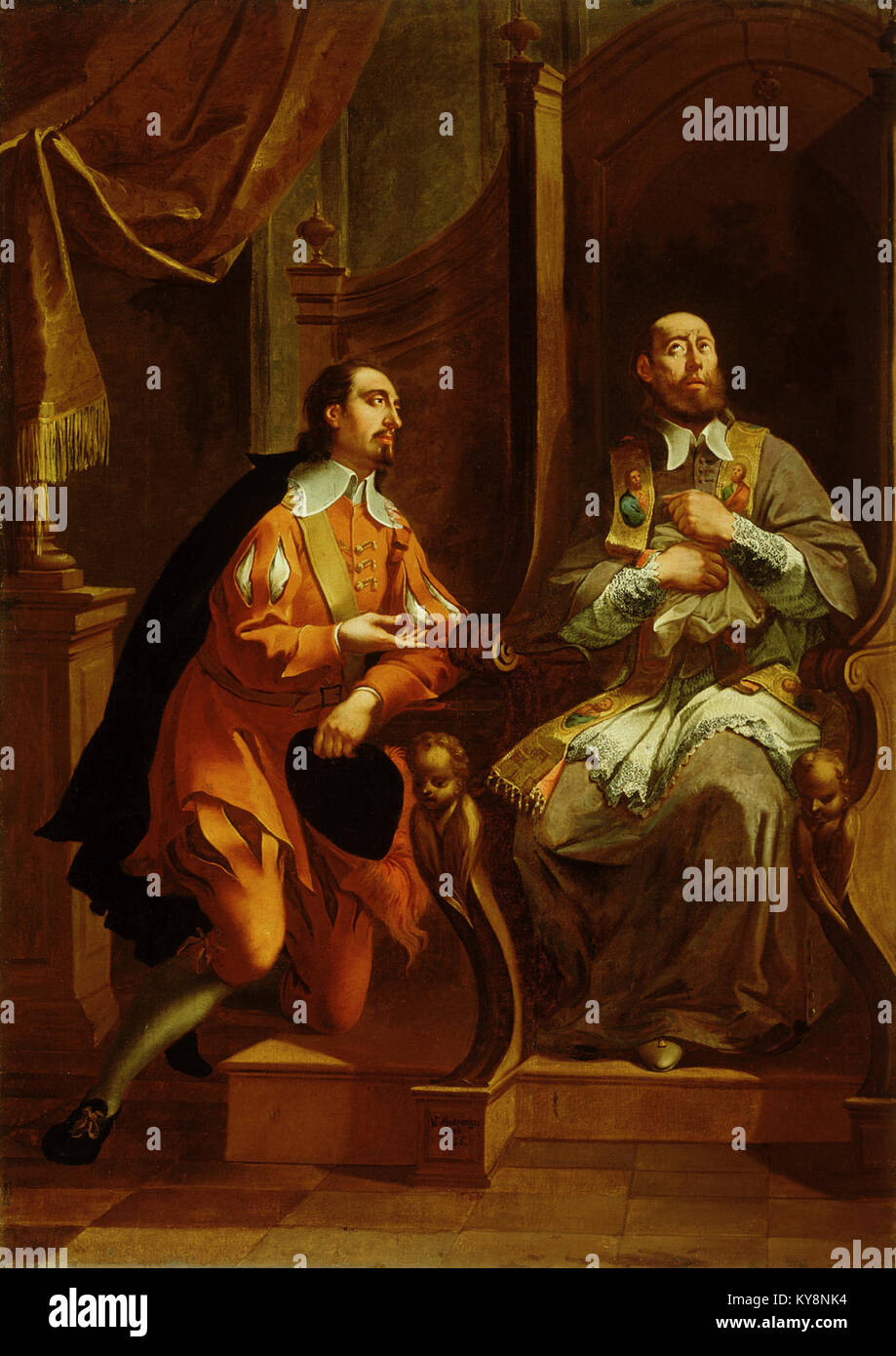 Il dipinto di Valentin Metzinger raffigura San Francesco di Sales che si impegna con una donna contadina, riflettendo l'arte religiosa barocca del XVIII secolo con enfasi sulla devozione pastorale e sul Consiglio spirituale. L'opera sottolinea l'interazione umana e l'autorità ecclesiastica all'interno della vita vernacolare. Foto Stock